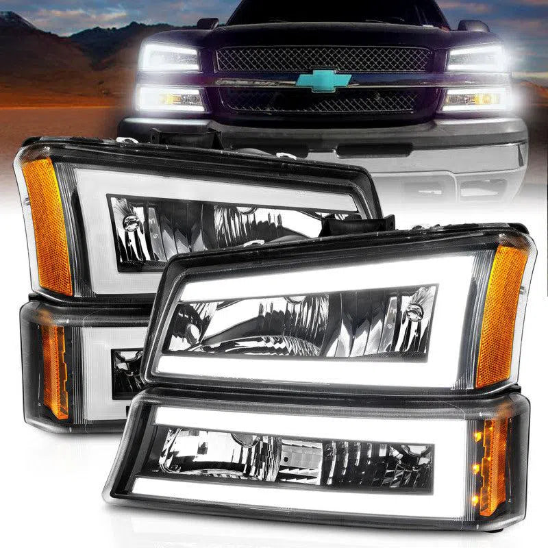 ANZO 2003-2006 Chevrolet Silverado 1500 Crystal Headlights w/ Light Bar Black Housing-DSG Performance-USA